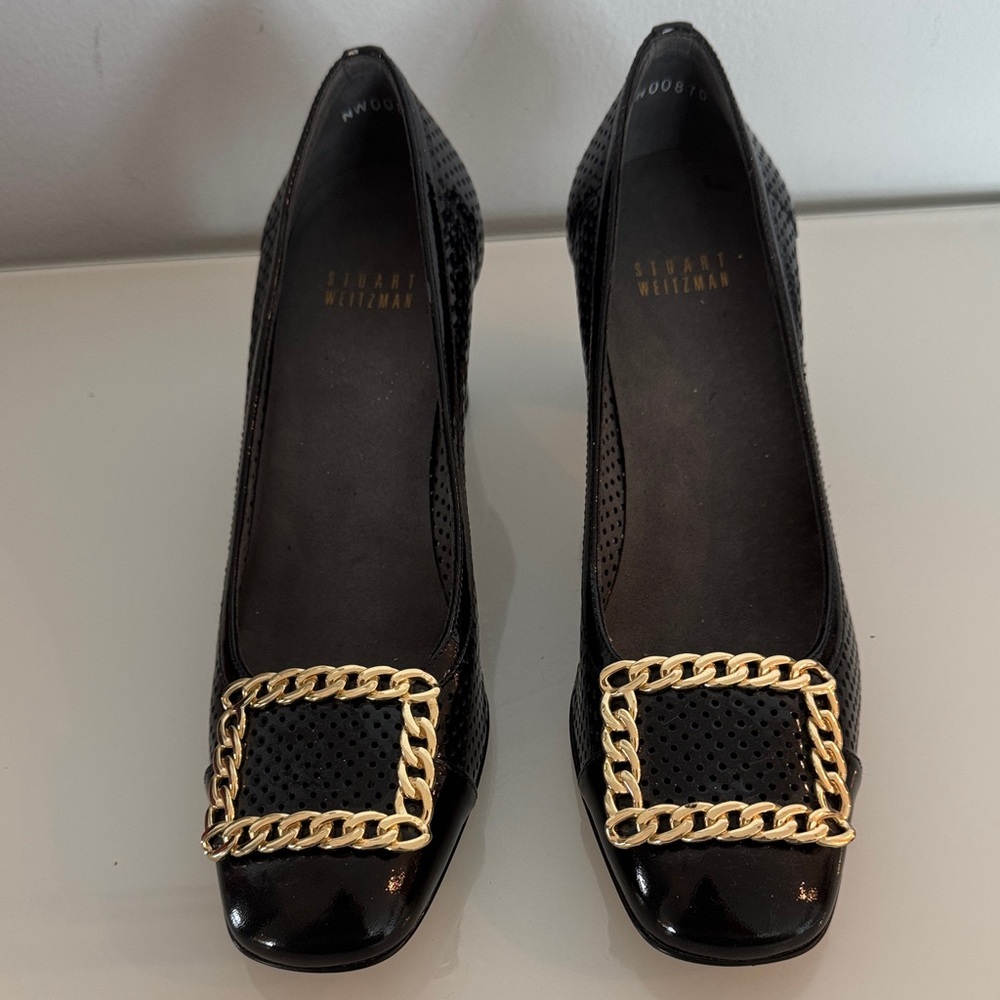 Stuart Weitzman Black Patent Leather Heels WithBig Buckle Pumps Sz 7.5M New